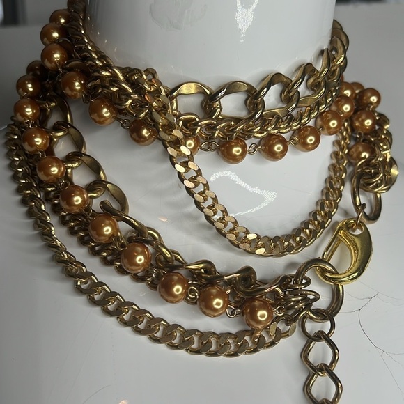 Gold Chain and Rose Pearl Drop Four Strand Adjustable Chain Belt - Picture 2 of 6